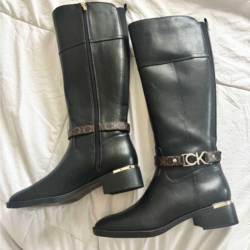 Calvin Klein Black Heeled Boots with Gold Accents